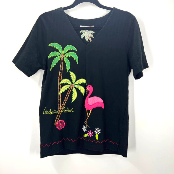 Kakcus Vintage Black Embroidered Tropical Aloha Flamingo Blouse Tshirt Medium - Picture 1 of 9
